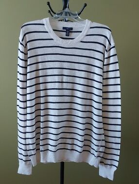 GAP White Crewneck 100% Cotton Sweater with Navy Stripes